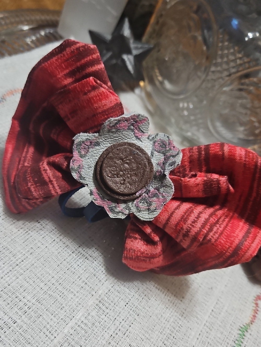 Handmade Dog Collar Bow Tie Red Stripes Leather Tooled Button NEW